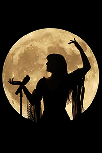 Stefanie Renee Goldstein - singing with a microphone - silhouetted in front of the full moon